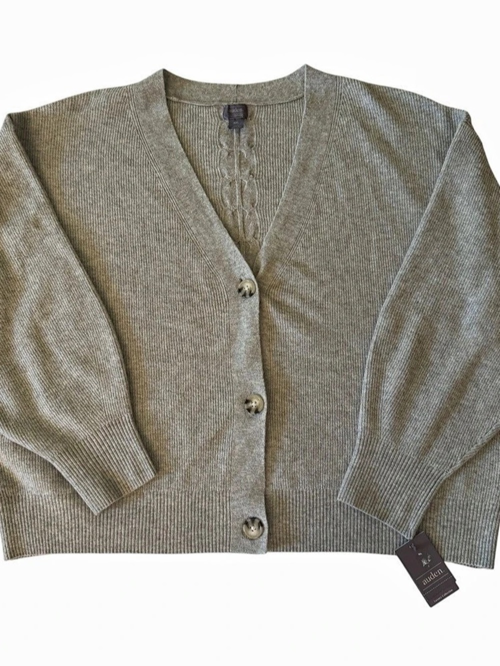 Auden Luxe Cozy Womens XXL Gray Ribbed Knit V Neck Button Cardigan Sweater NWT